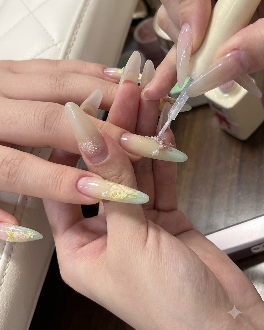 Unonicotecnica che tampona il gel giallo sulla superficie dellunghia usando una spugnetta per migliorare la miscela ombré estiva.