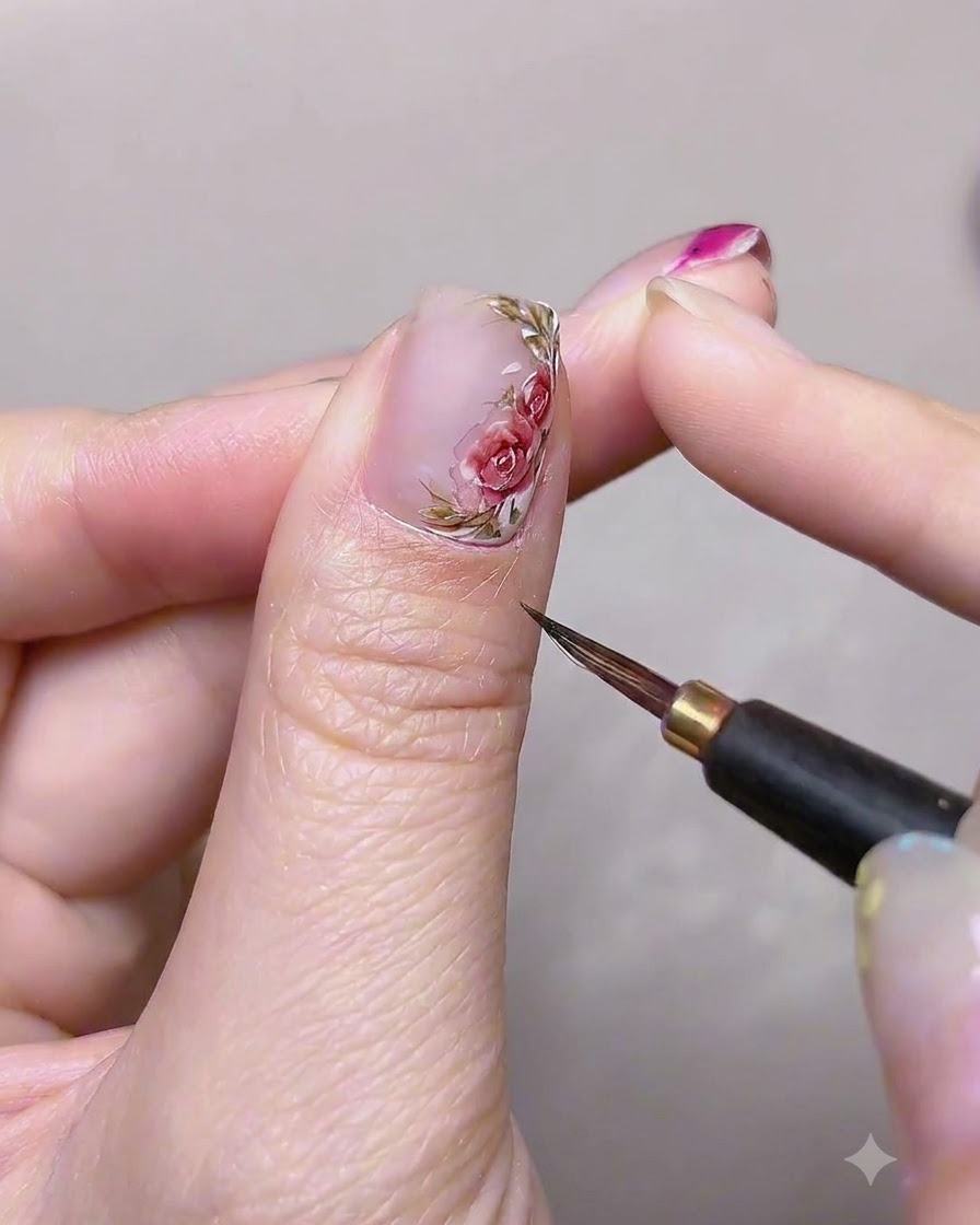 Un pennello piatto per gel applica uno strato uniforme di base gel trasparente su ununghia del pollice.