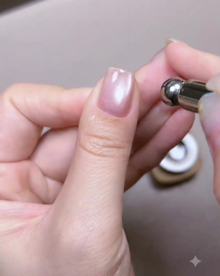Uno strumento magnetico tenuto vicino a ununghia lucida del pollice per magnetizzare e concentrare le particelle brillanti cat-eye.