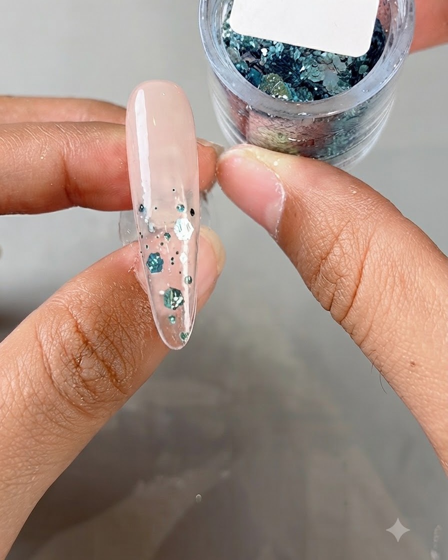 Ununghia lunga trasparente decorata con paillettes blu e argento, tenuta sopra un contenitore rotondo aperto pieno di scaglie di glitter abbinate.