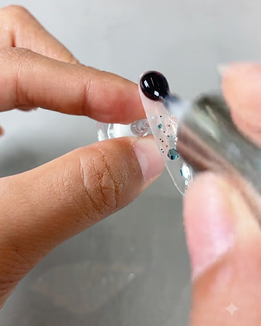 Una goccia di gel trasparente spennellata sulla parte superiore di ununghia decorata con paillettes.