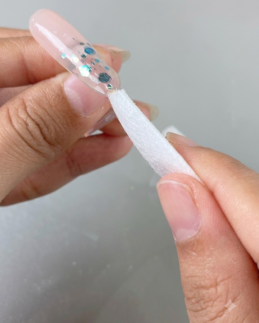 Una salvietta detergente bianca utilizzata per rimuovere i residui appiccicosi da ununghia lucida.