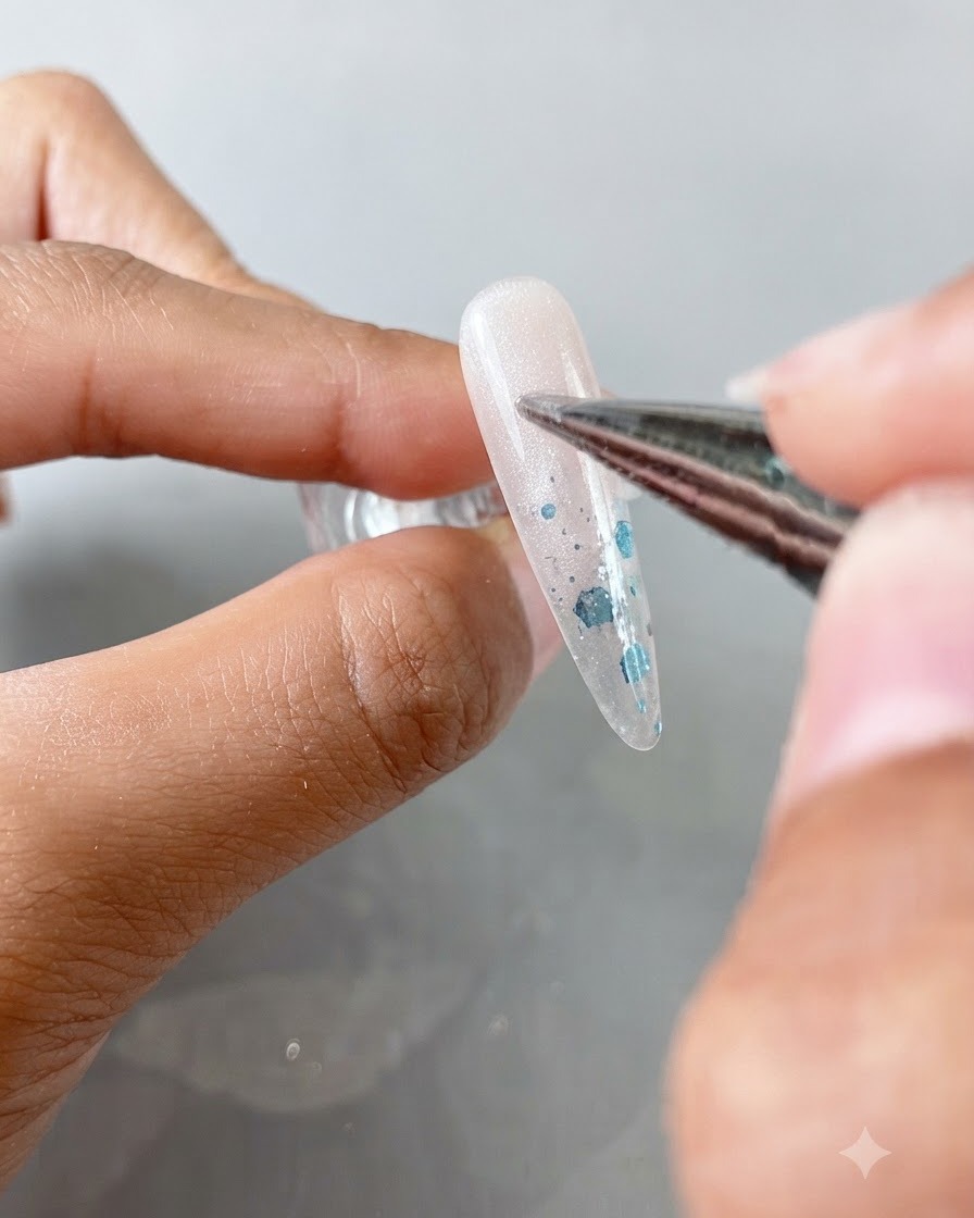 Un pennello di precisione che applica il gel cat eye trasparente su ununghia a mandorla.