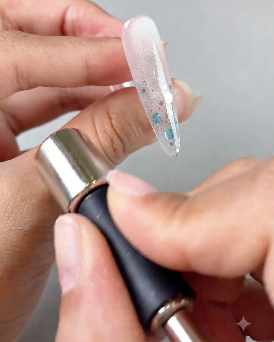Una bacchetta magnetica cilindrica utilizzata vicino al lato di ununghia in gel cat-eye.