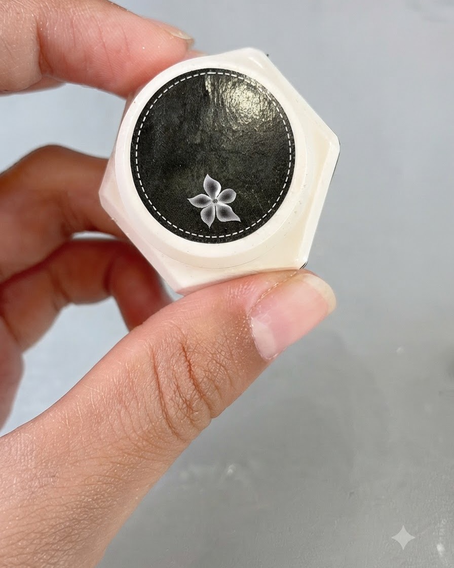 Un barattolo di gel trasparente da intaglio con unicona di un fiore decorativo sul coperchio.