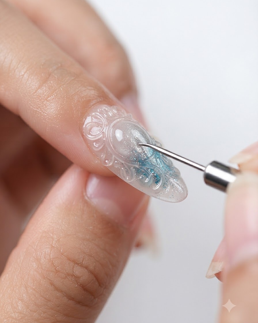 Uno strumento di modellazione in silicone che intaglia sfaccettature dettagliate su petali di fiori trasparenti su ununghia finita.