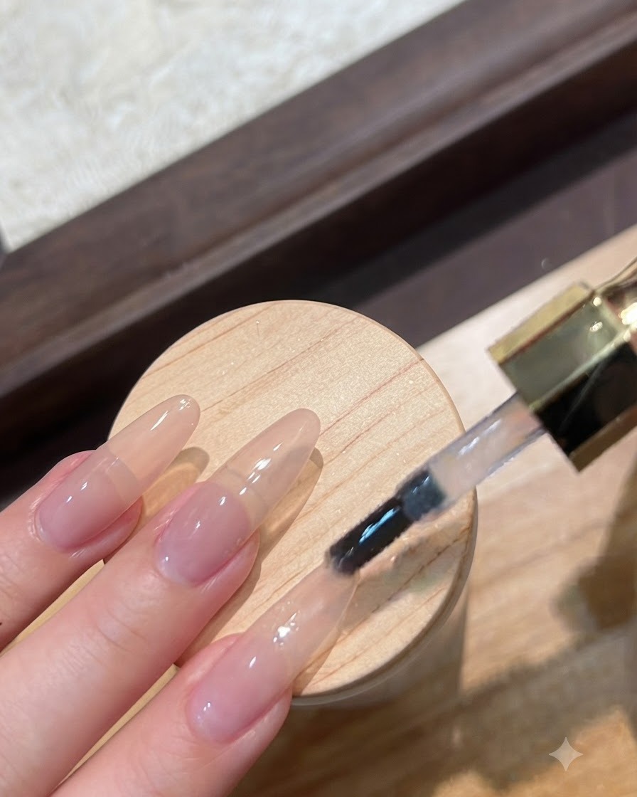 Un pennello da unghie applica un top coat trasparente senza dispersione su dita selezionate.