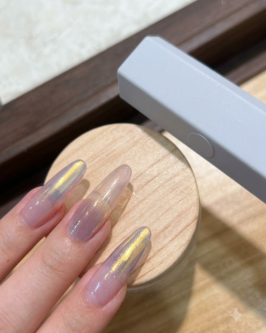 Un paio di pinzette metalliche raccoglie un piccolo strass bianco a punta da una palette.
