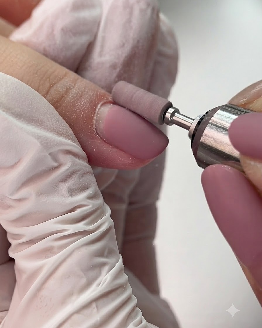 Un accessorio cilindretto abrasivo su una fresa che opacizza delicatamente la superficie di ununghia rosa.