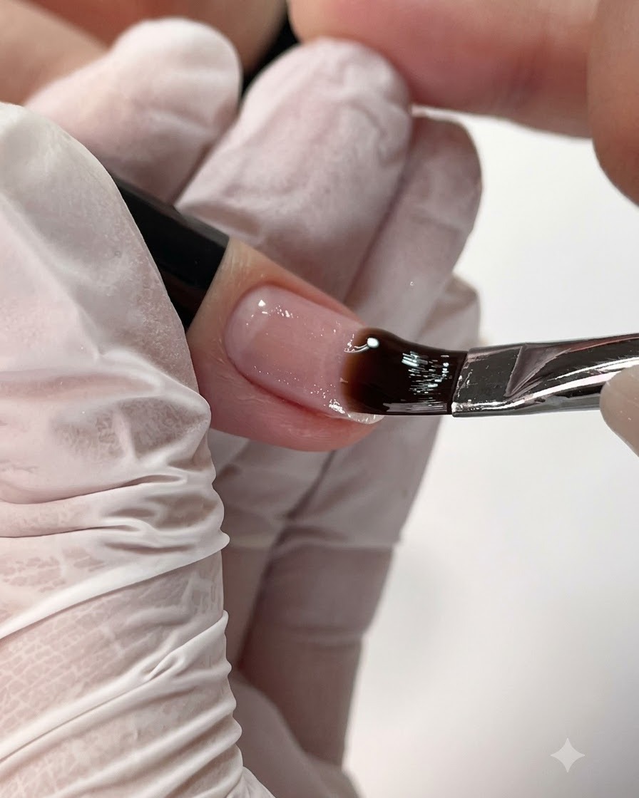 Un pennello da unghie che applica un sottile strato di gel base trasparente su ununghia naturale.