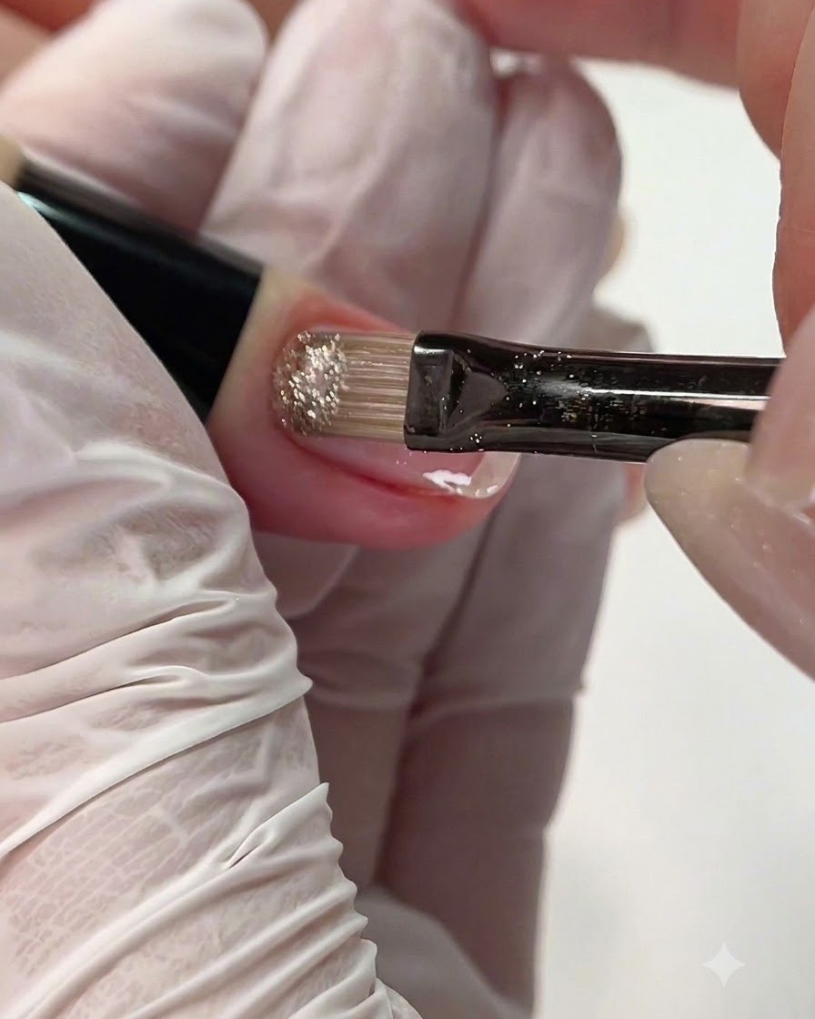 Un piccolo pennello piatto che applica il gel sparkling crushed diamond sul bordo posteriore di ununghia.