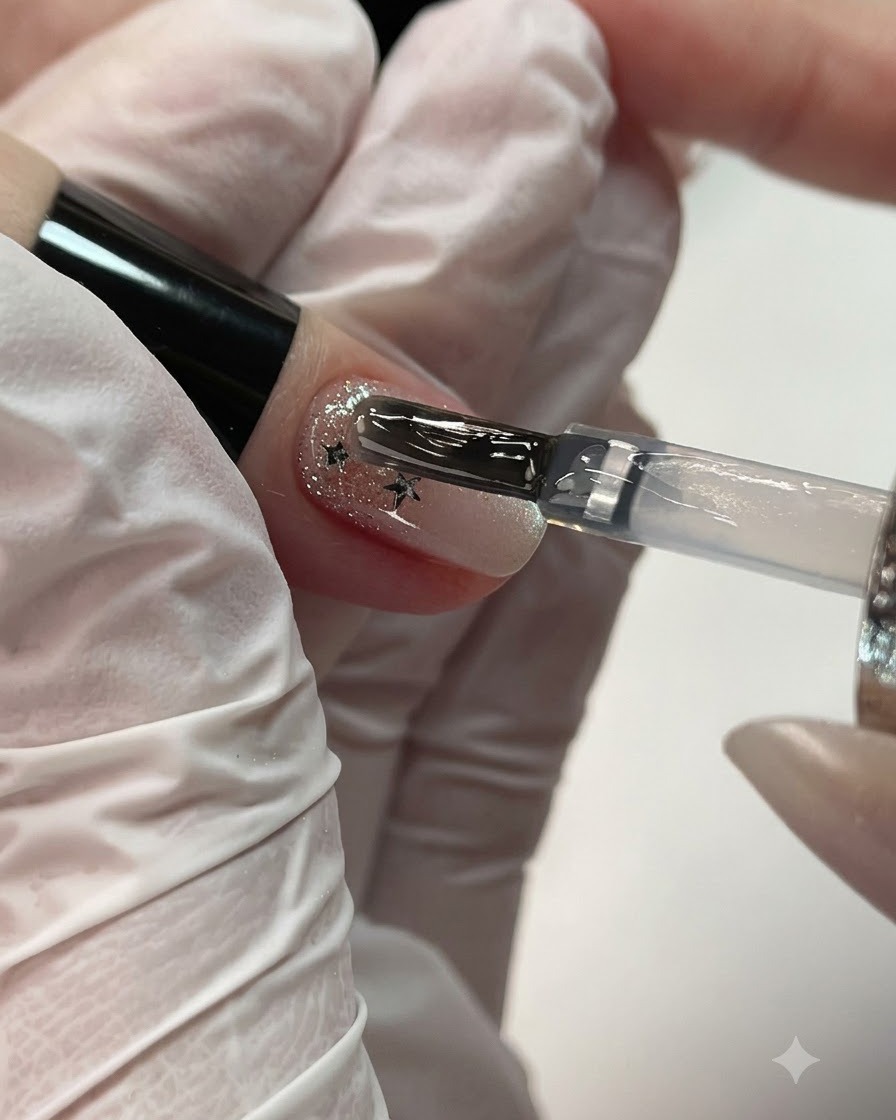Un pennello che posiziona una goccia di builder gel trasparente vicino alla zona delle cuticole di ununghia.