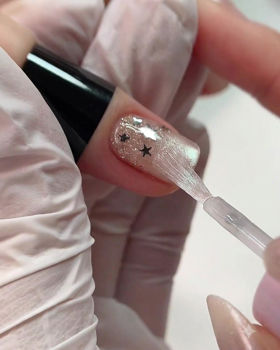 Un piccolo applicatore in spugna che tampona e leviga delicatamente il gel vicino alla zona delle cuticole di ununghia.