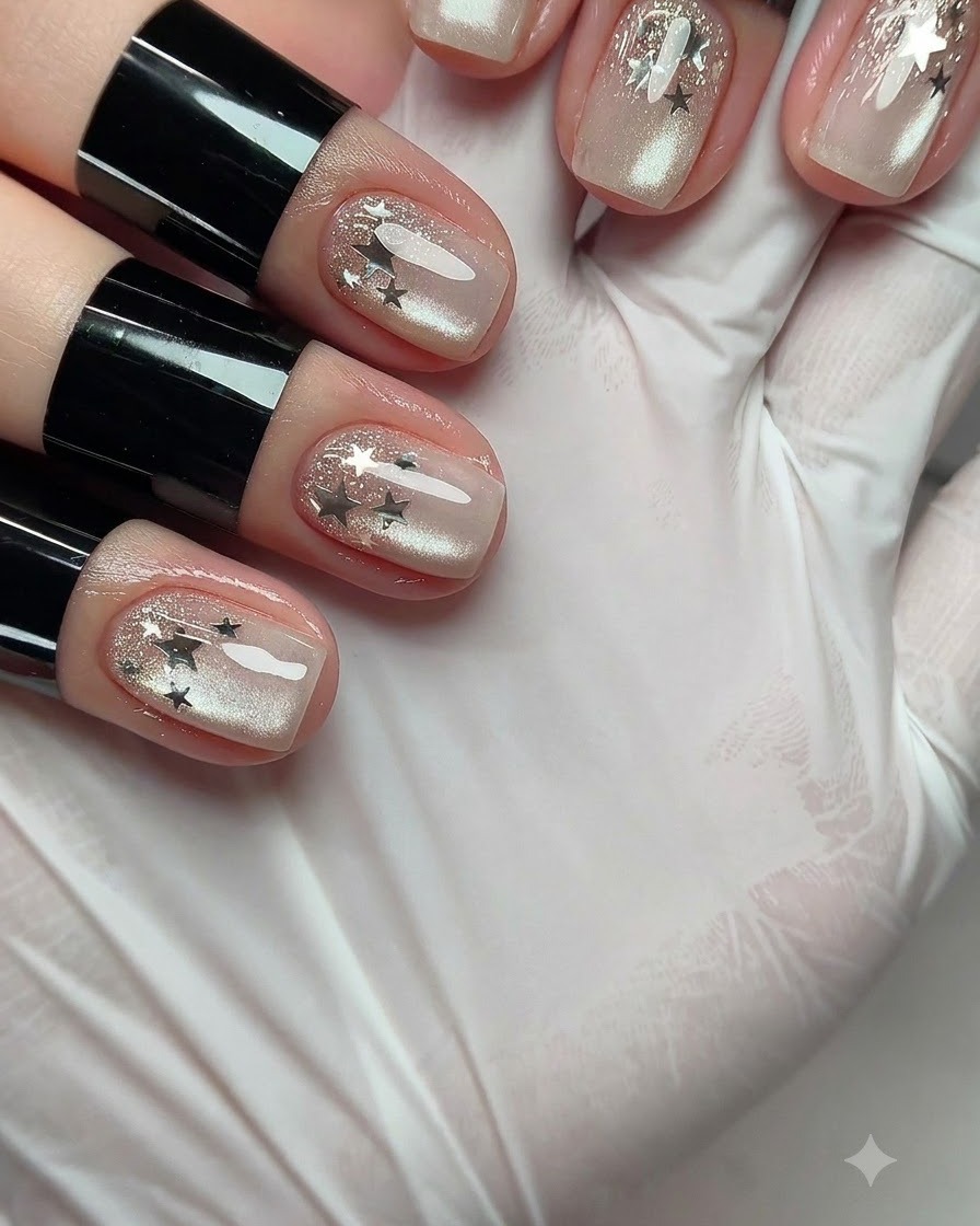 Un pennello per manicure che applica lo smalto gel cat-eye argentato brillante su ununghia.