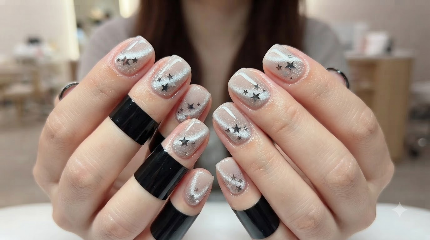 Unghie Cat Eye con Stelle e Diamanti Schiacciati — Tutorial Passo dopo Passo
