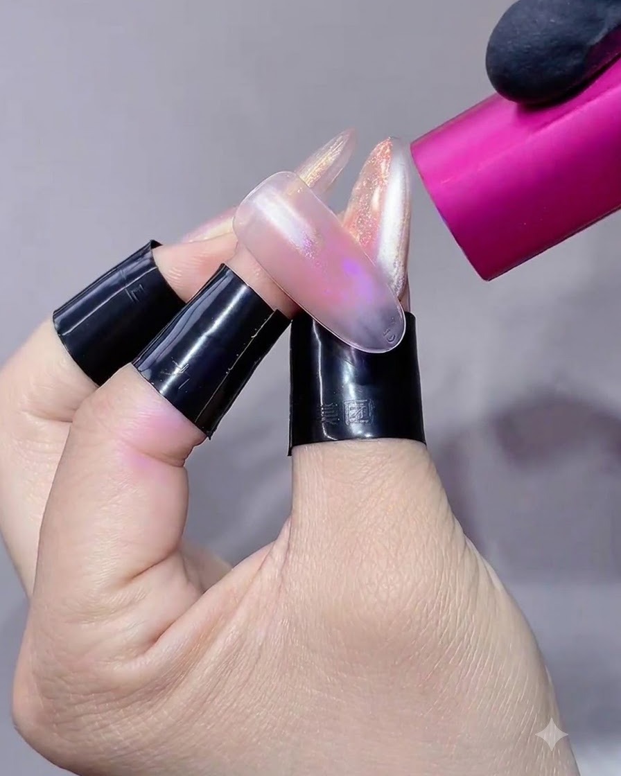 Una lampada UV/LED portatile rosa che polimerizza lo strato di pigmento blush arancione-rosso sullunghia ricostruita.