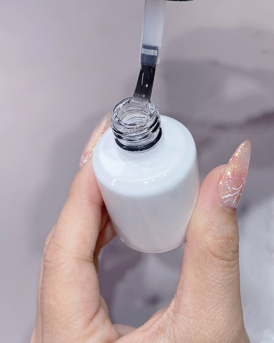 Una mano che tiene un flacone bianco aperto di top coat con il pennello sollevato, mostrando un liquido trasparente su fondo chiaro.