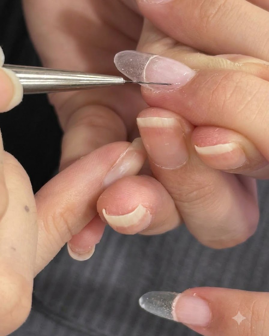 Un pennello liner sottile che livella il gel strutturale vicino alla zona delle cuticole.