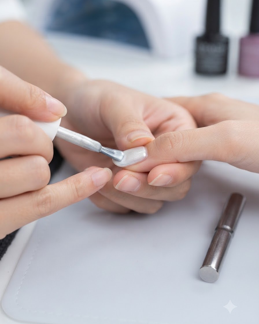 Un pennello per unghie che applica una mano di gel cat-eye bianco latte brillante su ununghia.