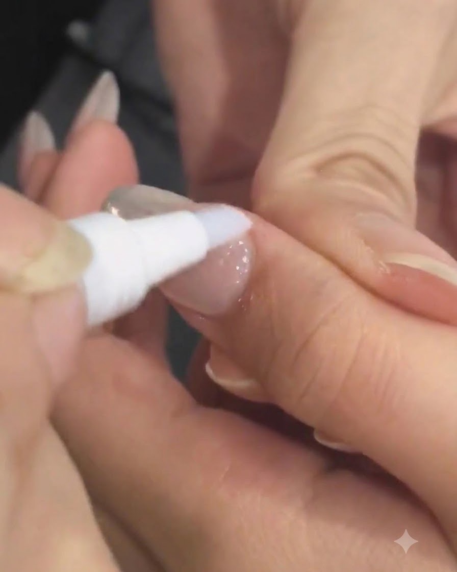 Una penna per olio per cuticole che applica olio nutriente sulla zona delle cuticole di una manicure finita.