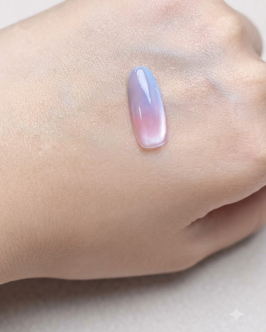 Un tip di unghia sotto la lampada dopo lapplicazione delleffetto magnetico cat-eye.