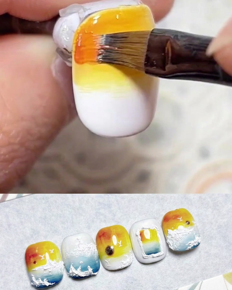 Un pennello che applica il gel arancione vibrante sul bordo estremo superiore dellunghia.