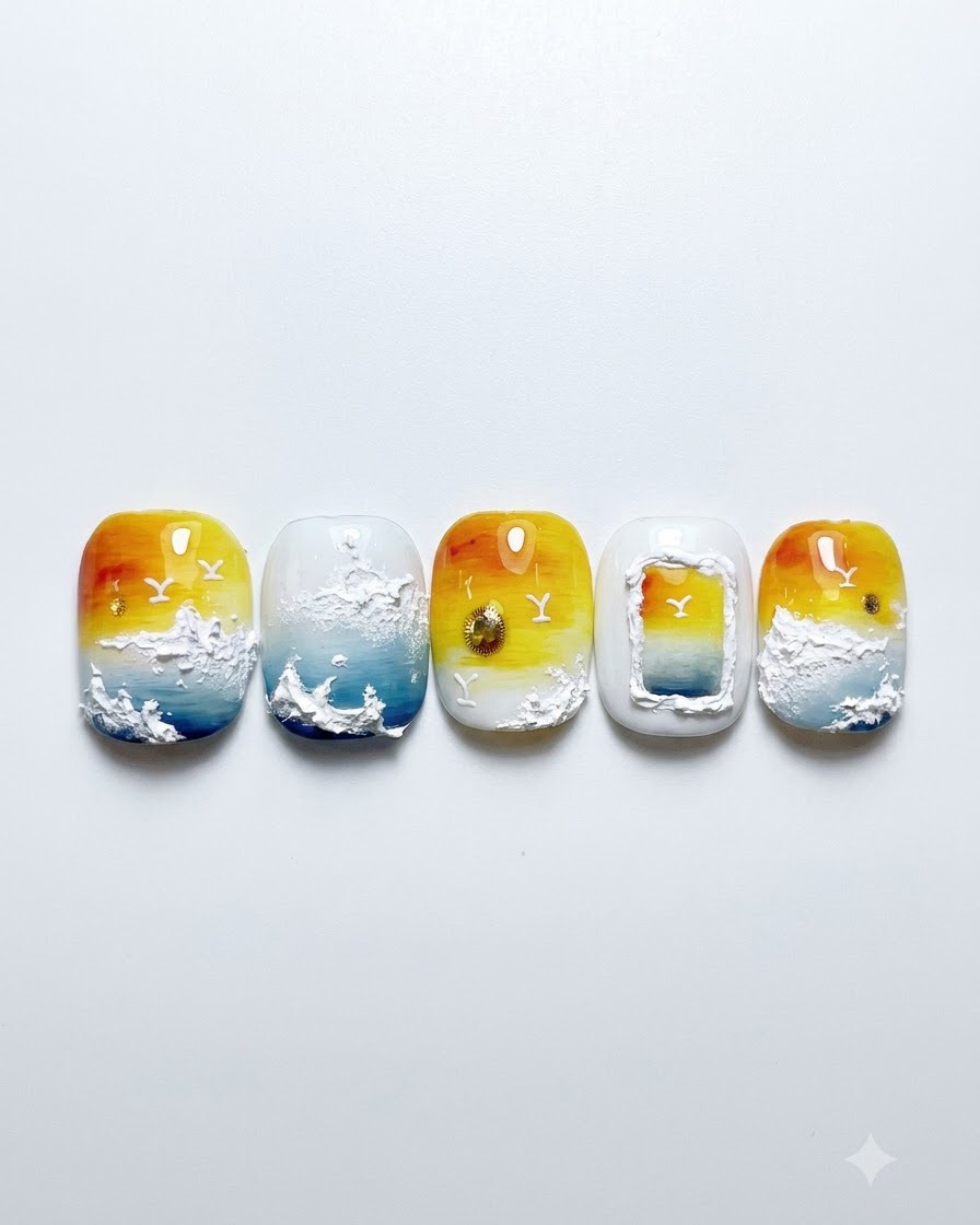 Un dotting tool che posiziona un piccolo punto di gel cat-eye dorato su ununghia con gradiente tramonto giallo e blu.