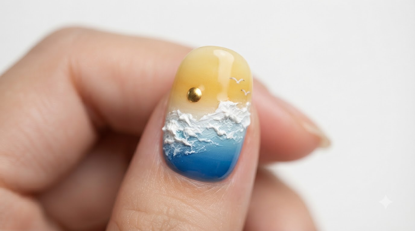 Nail Art Tramonto sul Mare con Gradiente e Onde Oceaniche — Tutorial Passo dopo Passo