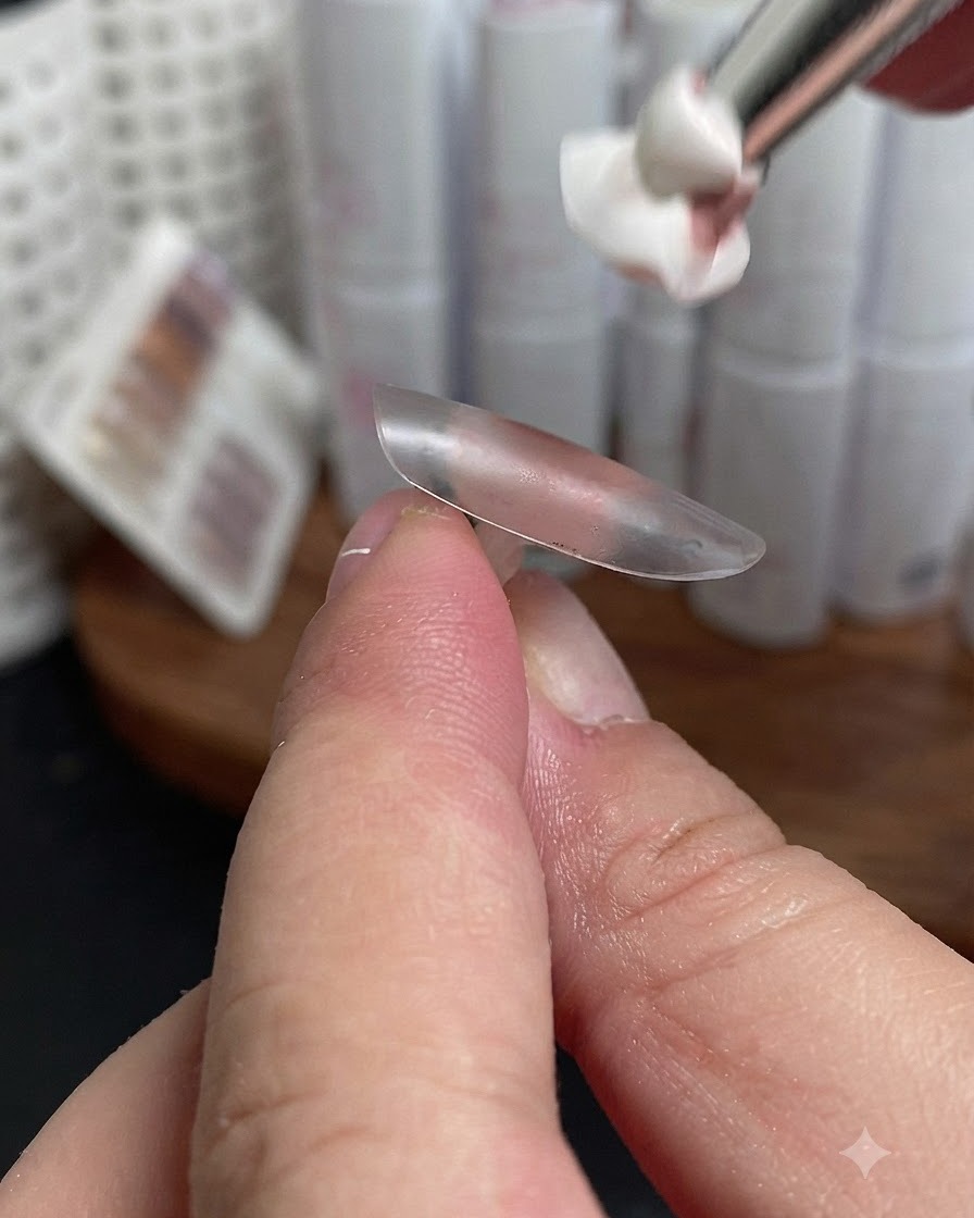 Un pennello applica una base rosa chiaro su una tip per unghie trasparente.