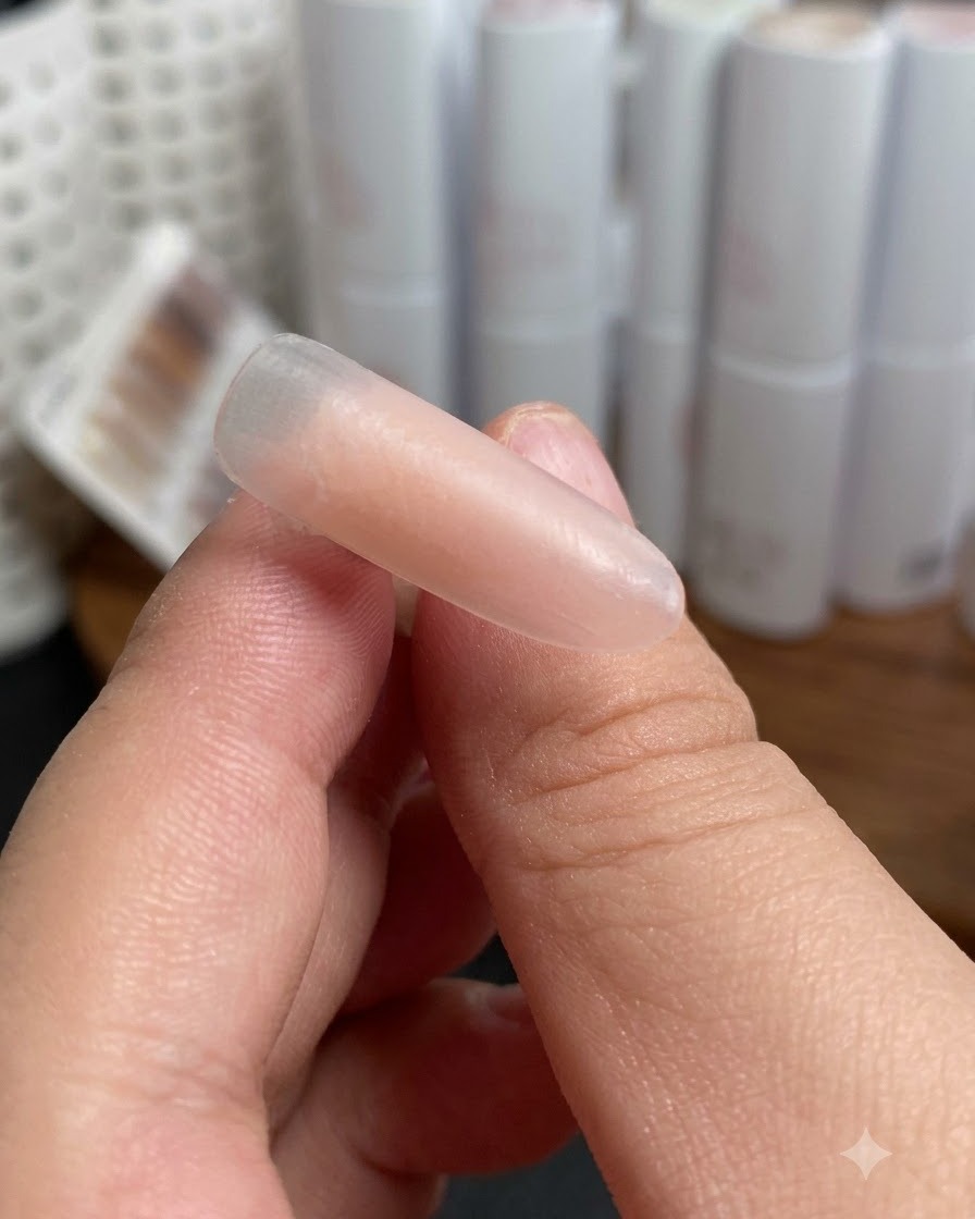 Una tip per unghie inserita sotto una lampada UV/LED per la polimerizzazione.