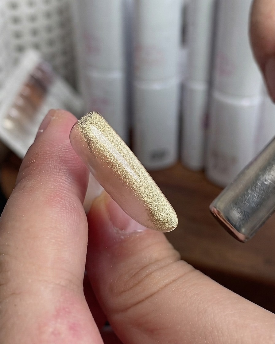 Una tip dellindice con smalto cat-eye dorato accanto a un magnete.