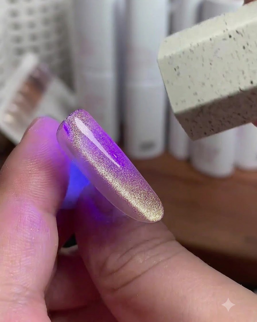 Una luce UV viola polimerizza lo smalto per unghie cat-eye dorato con uno strumento nelle vicinanze.