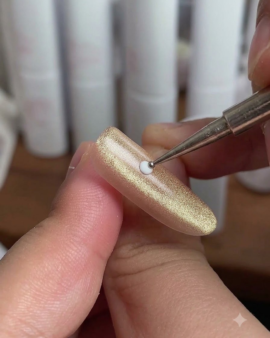 Primo piano di una nail artist che usa un dotting tool per posizionare piccoli punti bianchi attorno a un punto centrale su ununghia cat-eye dorata.