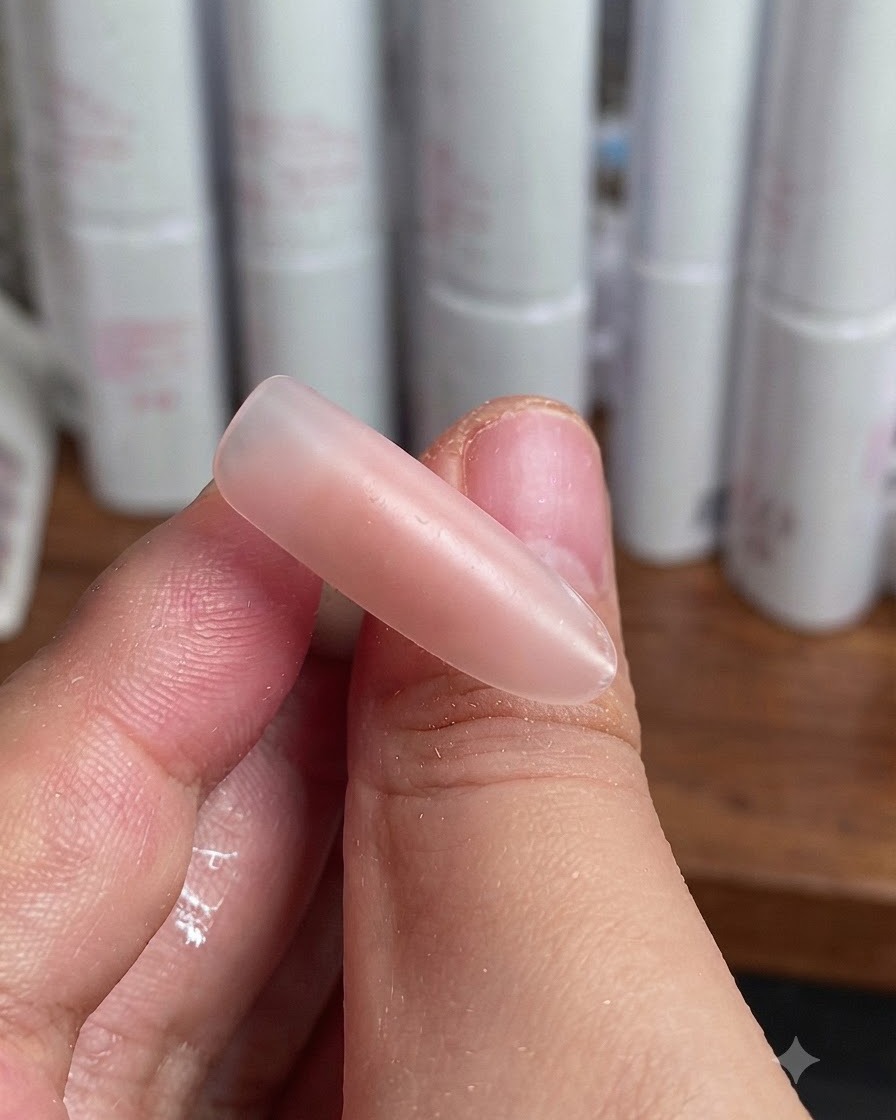 Un pennello liner sottile traccia una linea diagonale bianca su ununghia rosa chiaro.