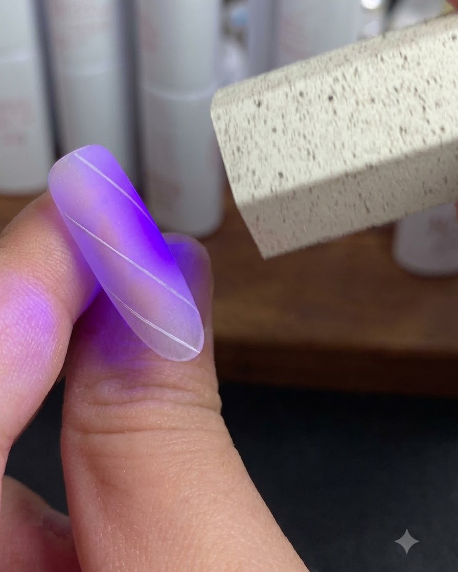 Un pennello liner aggiunge linee dintersezione per completare il design della griglia bianca su ununghia.