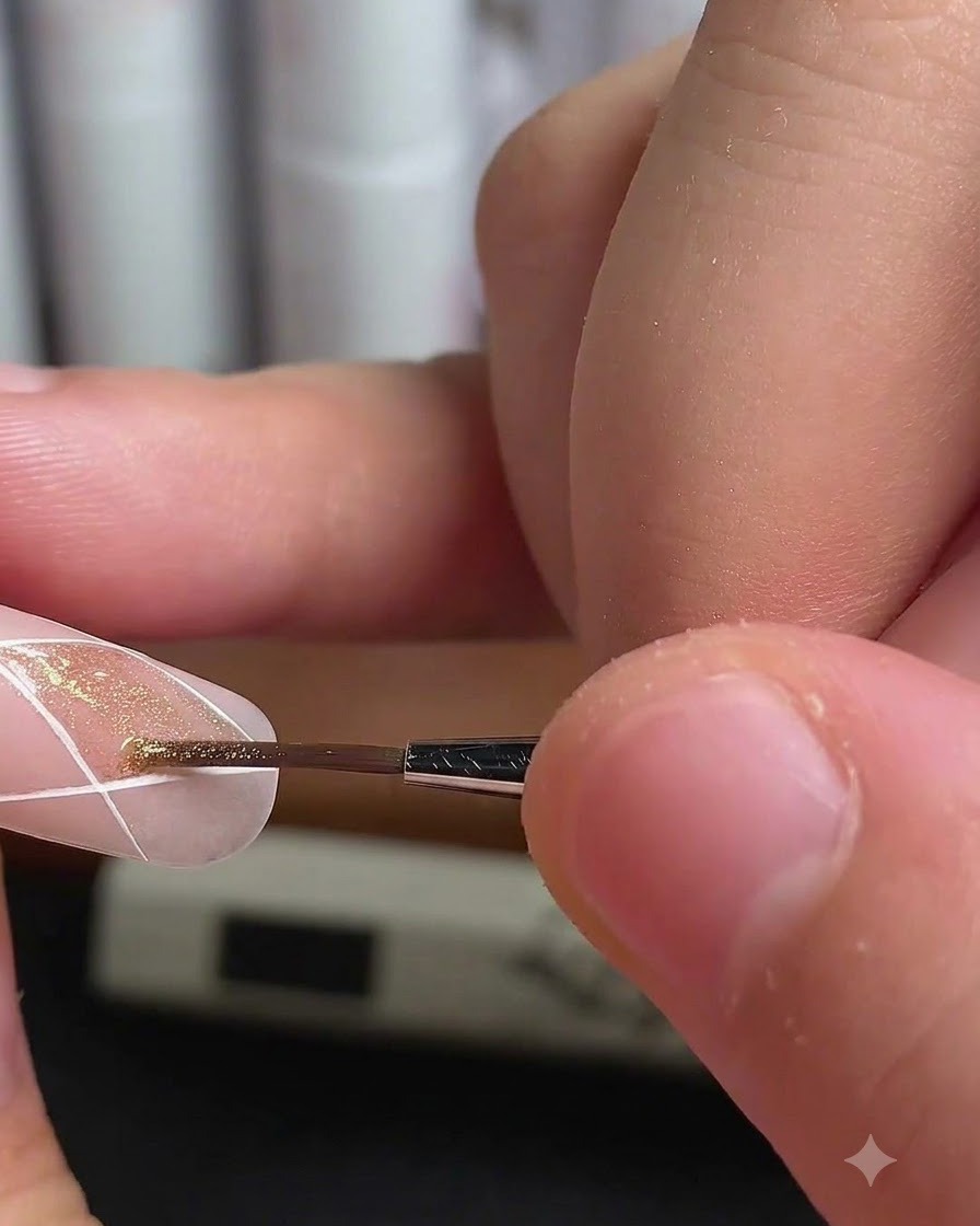 Un pennello fine applica lo smalto cat-eye dorato allinterno di una sezione a rombo su ununghia.