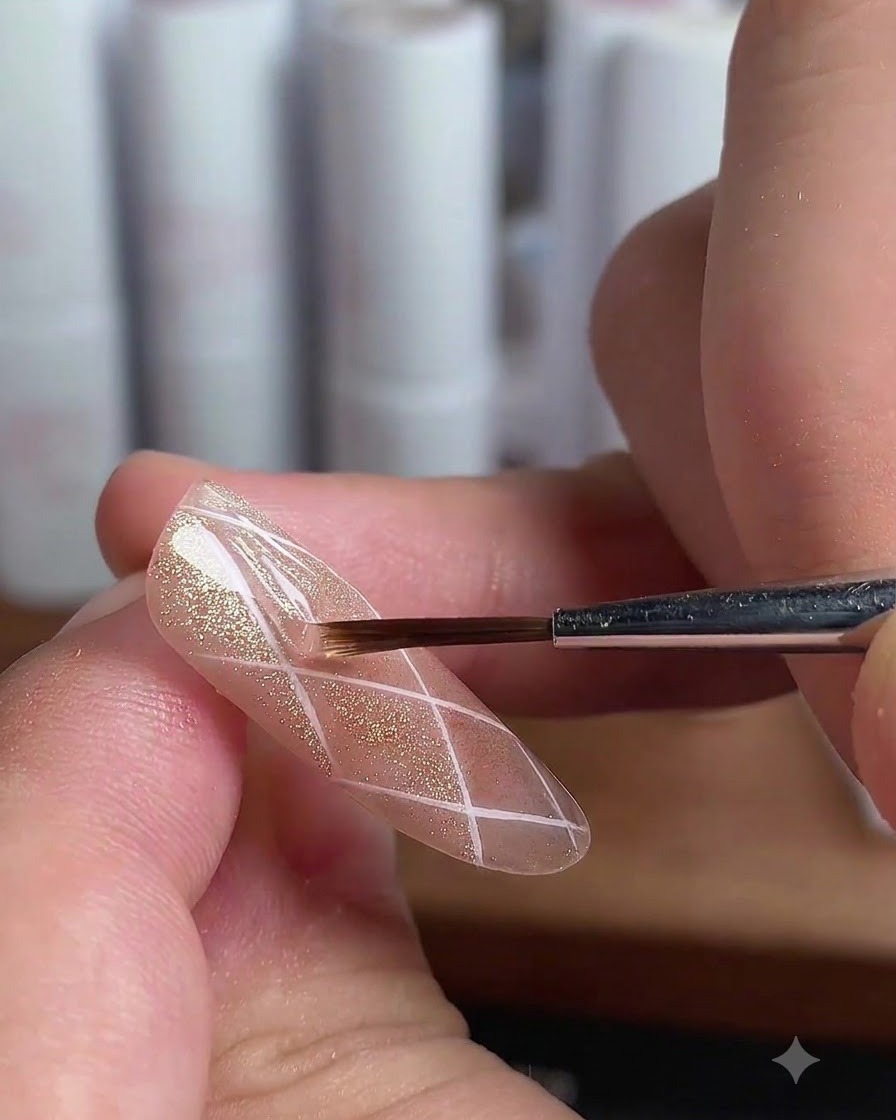 Un pennello applica il top coat sulle singole sezioni a rombo di ununghia.