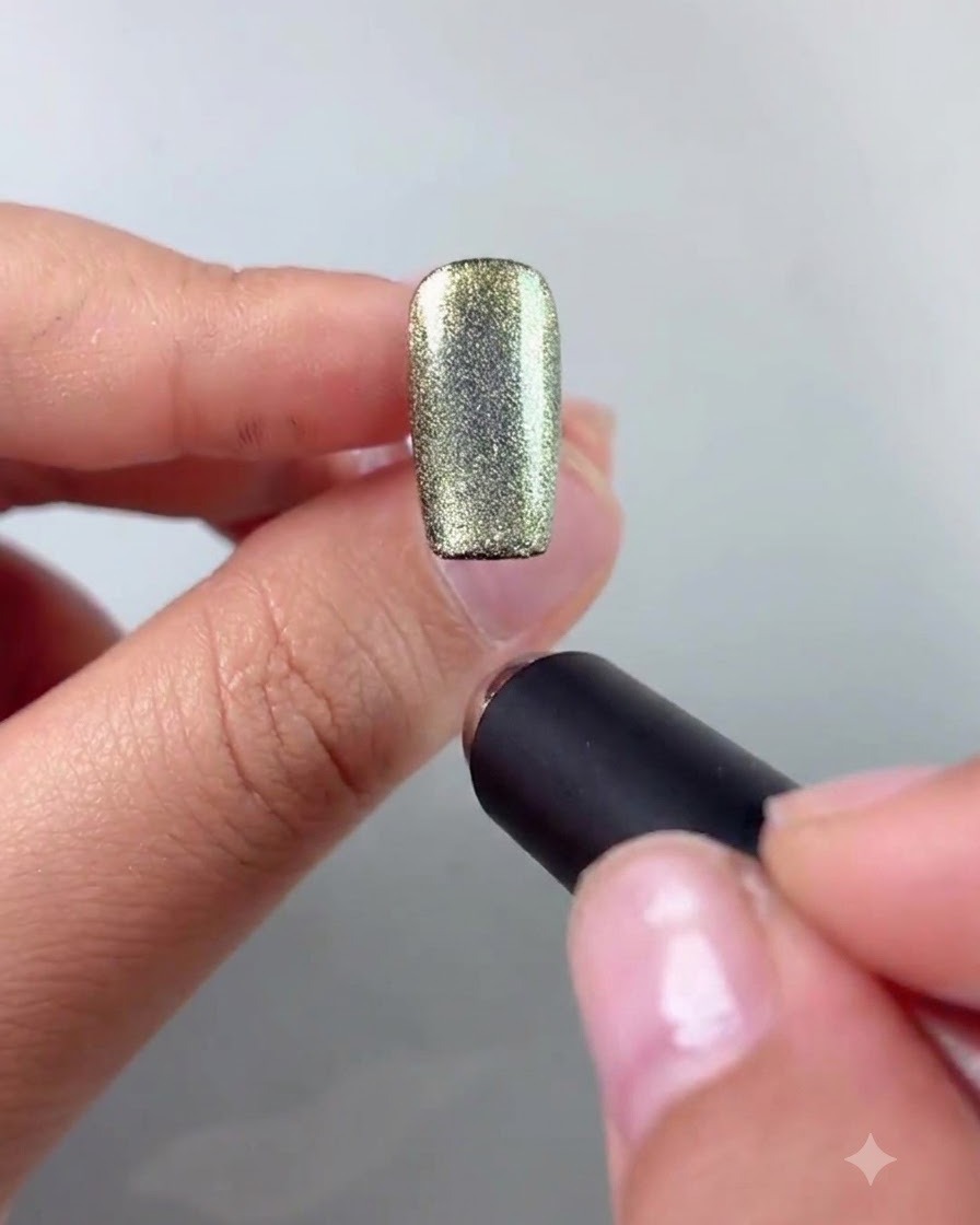 Un bastoncino magnetico tenuto vicino al lato di un pezzo di unghia cat-eye dorata e verde brillante.