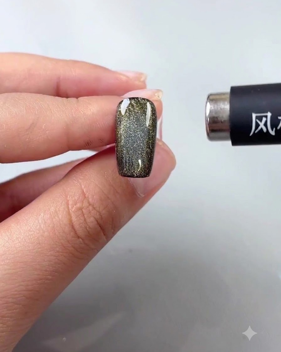 Un bastoncino magnetico tenuto vicino a unghia cat-eye per vorticare e raccogliere le particelle in un effetto perla brillante.