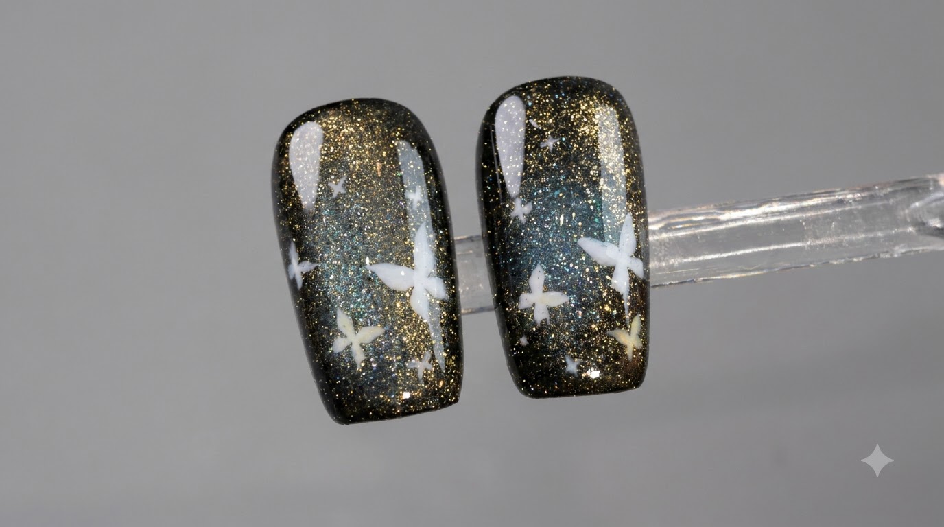 Unghie Cat-Eye Stellari con Farfalle Dorate — Tutorial Passo dopo Passo