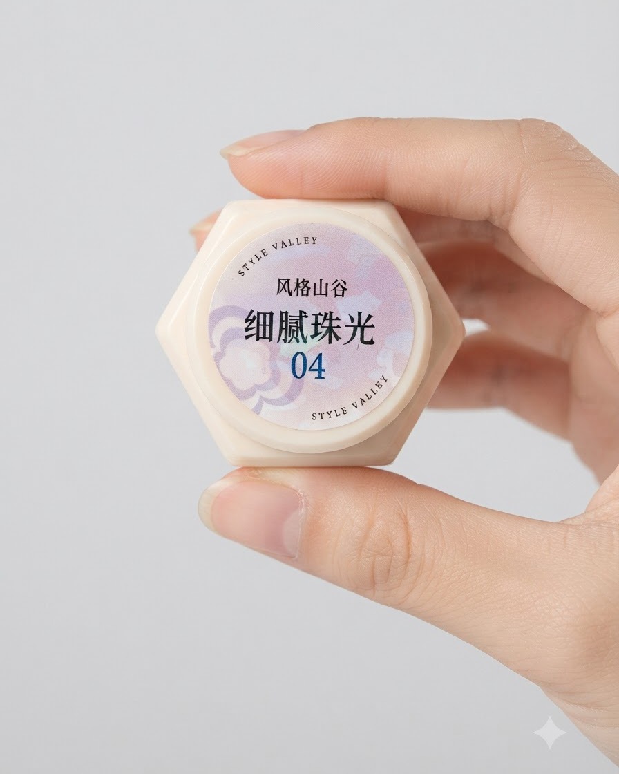 Un piccolo contenitore esagonale di delicato gel perlato numero 4 tenuto da una mano.