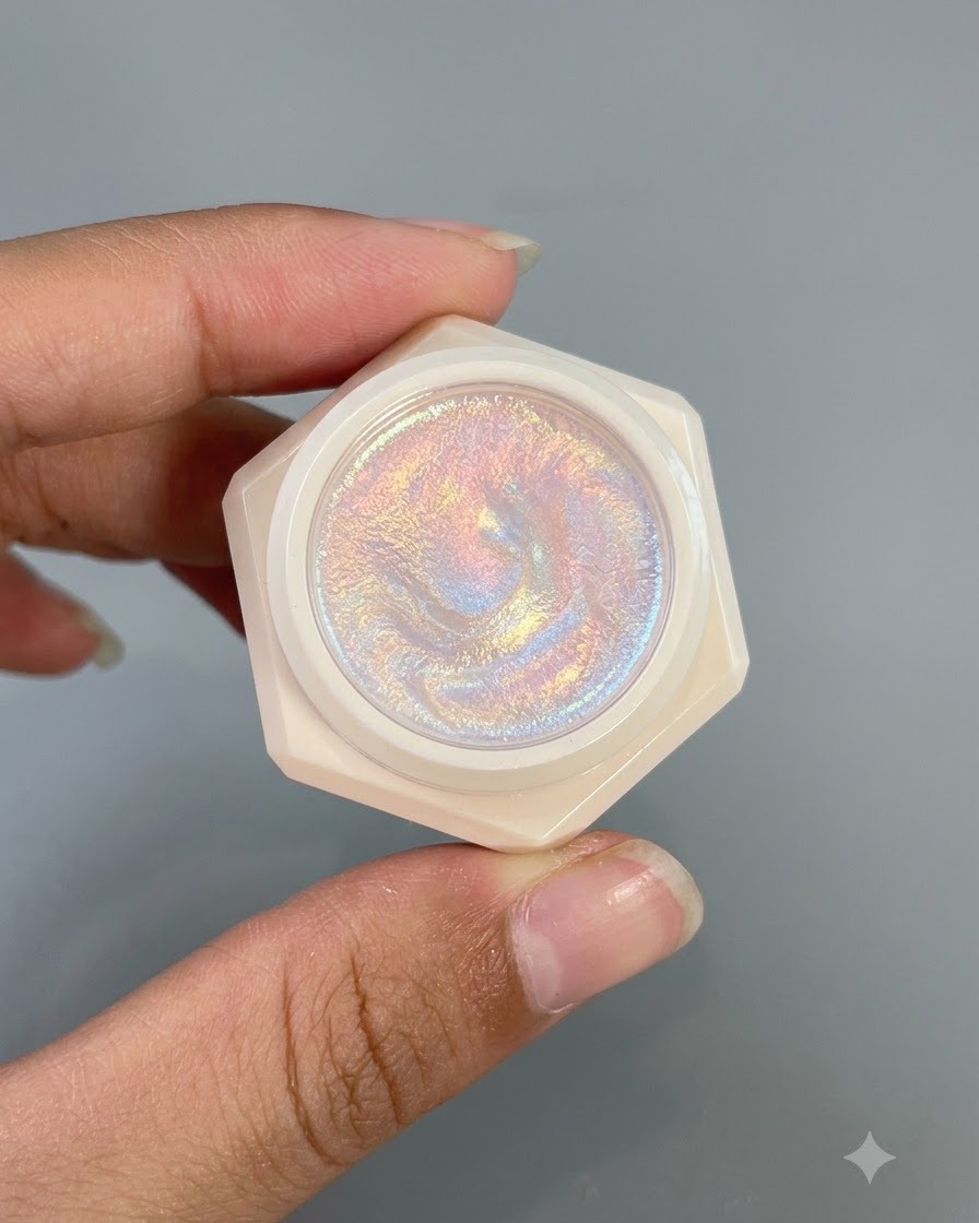 Un piccolo contenitore che mostra la superficie brillante del delicato gel perlato numero 3.
