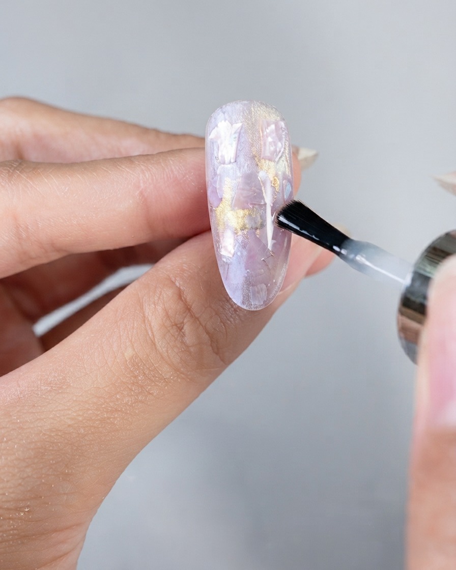 Un pennello che applica uno strato trasparente di soft builder gel sulla superficie dellunghia decorata con conchiglie.