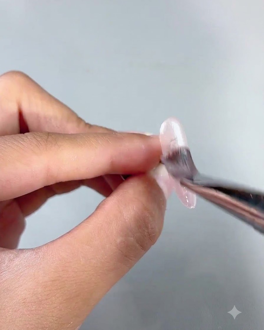 Un pennello per unghie che applica gel trasparente aqua su unestensione per unghie tenuta tra le dita.