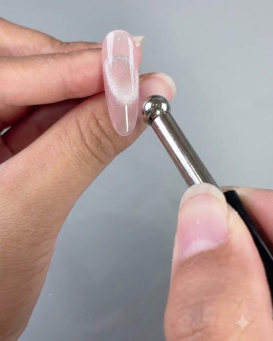 Una bacchetta magnetica vicina a ununghia in gel cat eye rosa-trasparente per formare un riflesso di luce concentrato.