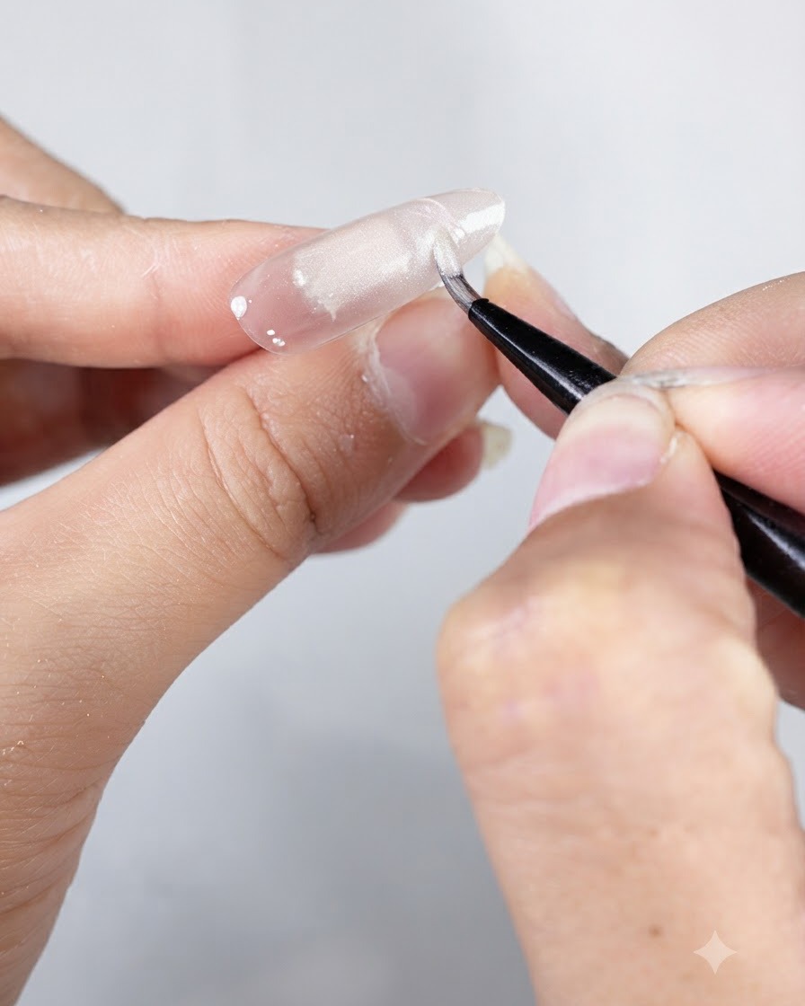 Un pennello liner per nail art che si intinge nel delicato gel perlato numero 3 sopra ununghia preparata.