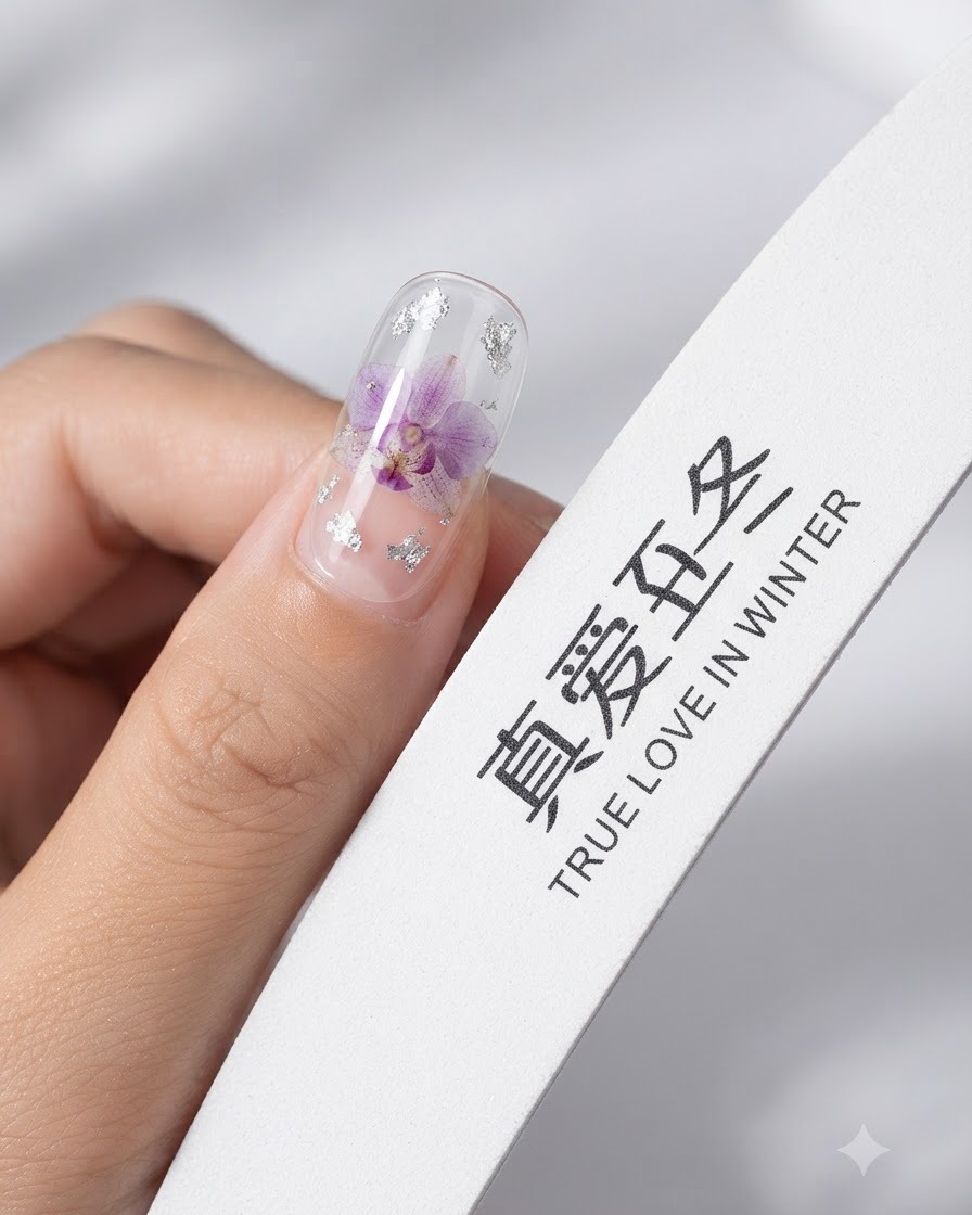 Una lima per unghie che leviga la superficie di ununghia artificiale trasparente decorata con dettagli floreali viola e fiocchi di lamina argentata.