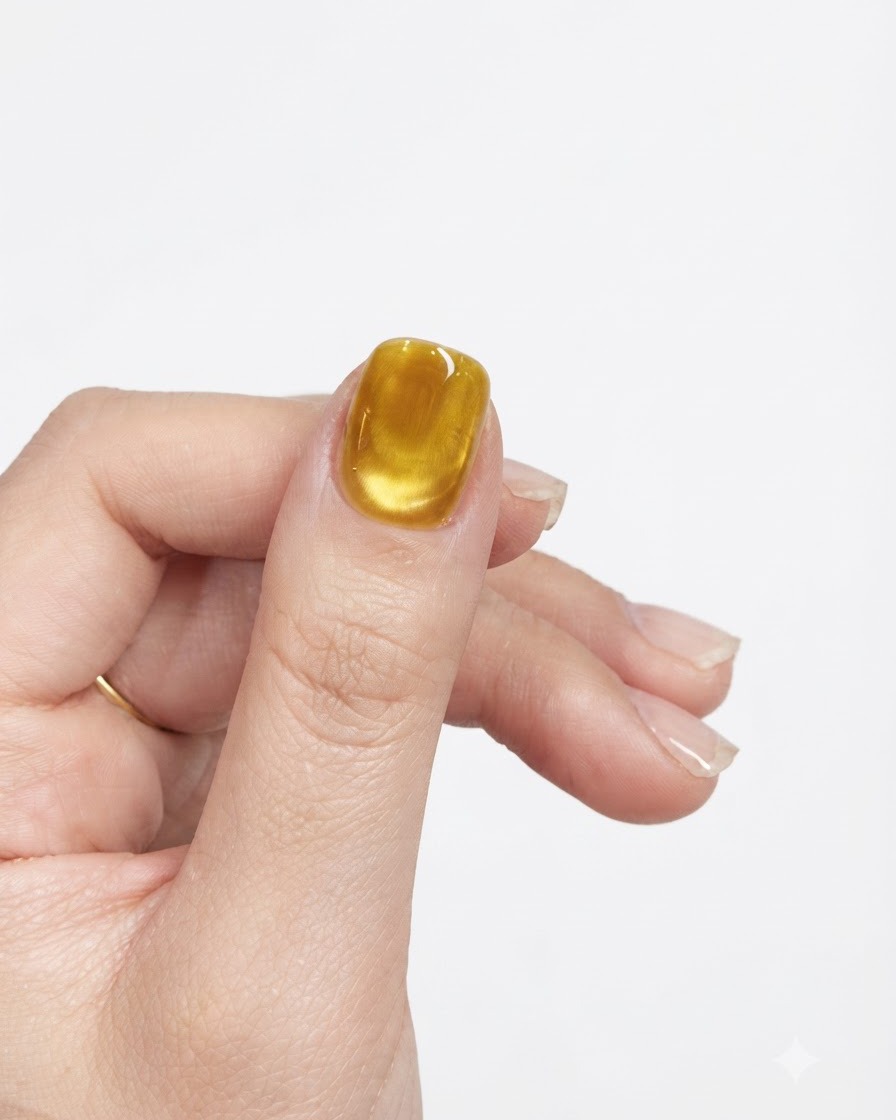 Una chiara visualizzazione di una base in gel cat-eye giallo completamente polimerizzata su ununghia del pollice contro uno sfondo neutro.