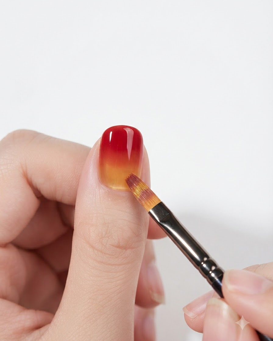 Un pennello piatto in gel che sfuma delicatamente la zona di transizione tra il rosso e il giallo su ununghia.