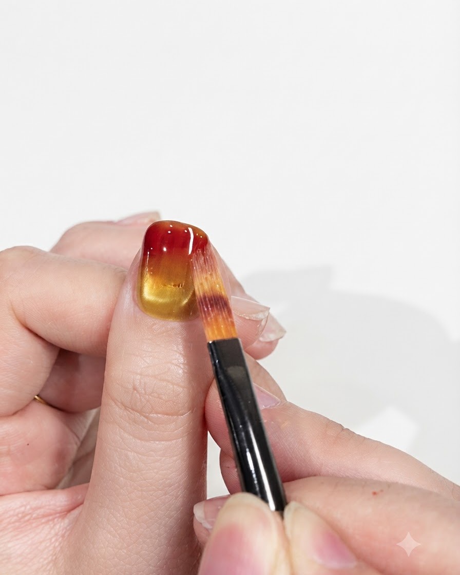 Una mini lampada UV/LED per unghie posizionata direttamente sopra un dito, che polimerizza il design in gel sfumato rosso e giallo.